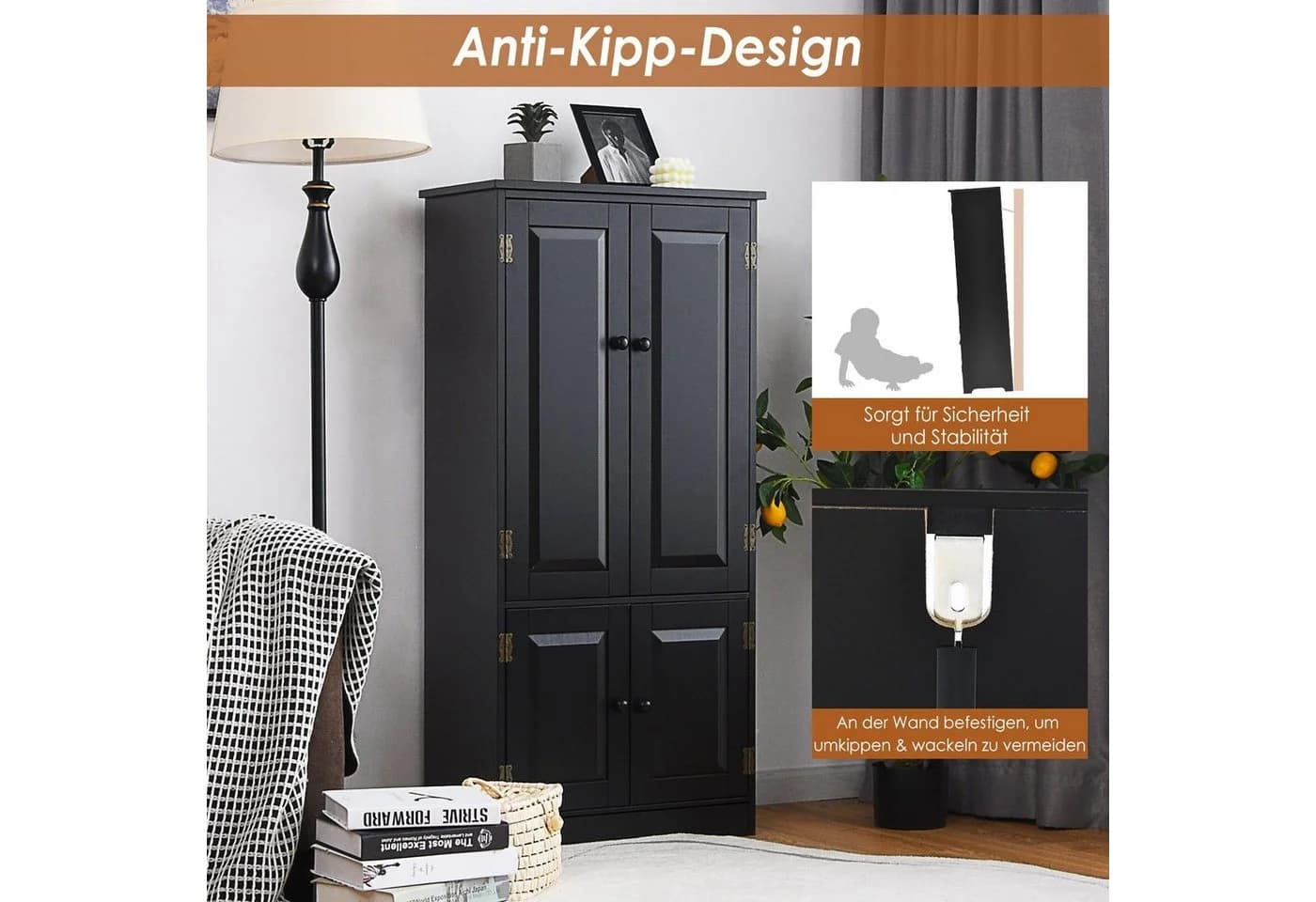 COSTWAY Mehrzweckschrank mit Türen & verstellbarem Regal, Vorratsschrank Holz - Bild 3