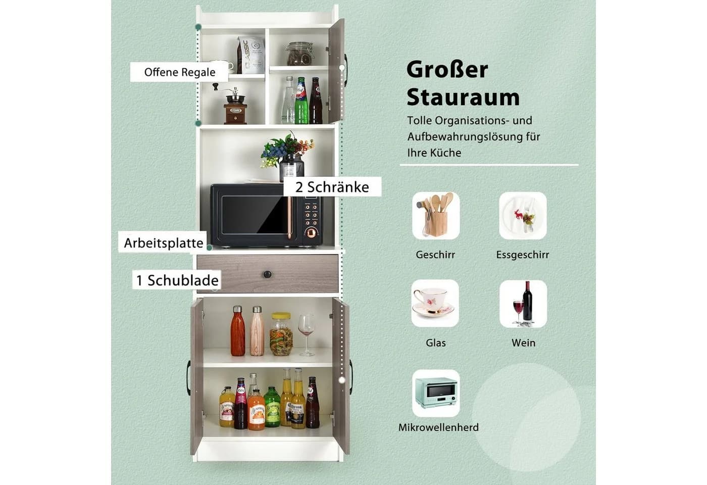 COSTWAY Küchenbuffet Hochschrank mit Schublade & verstellbaren Ablagen - Bild 4