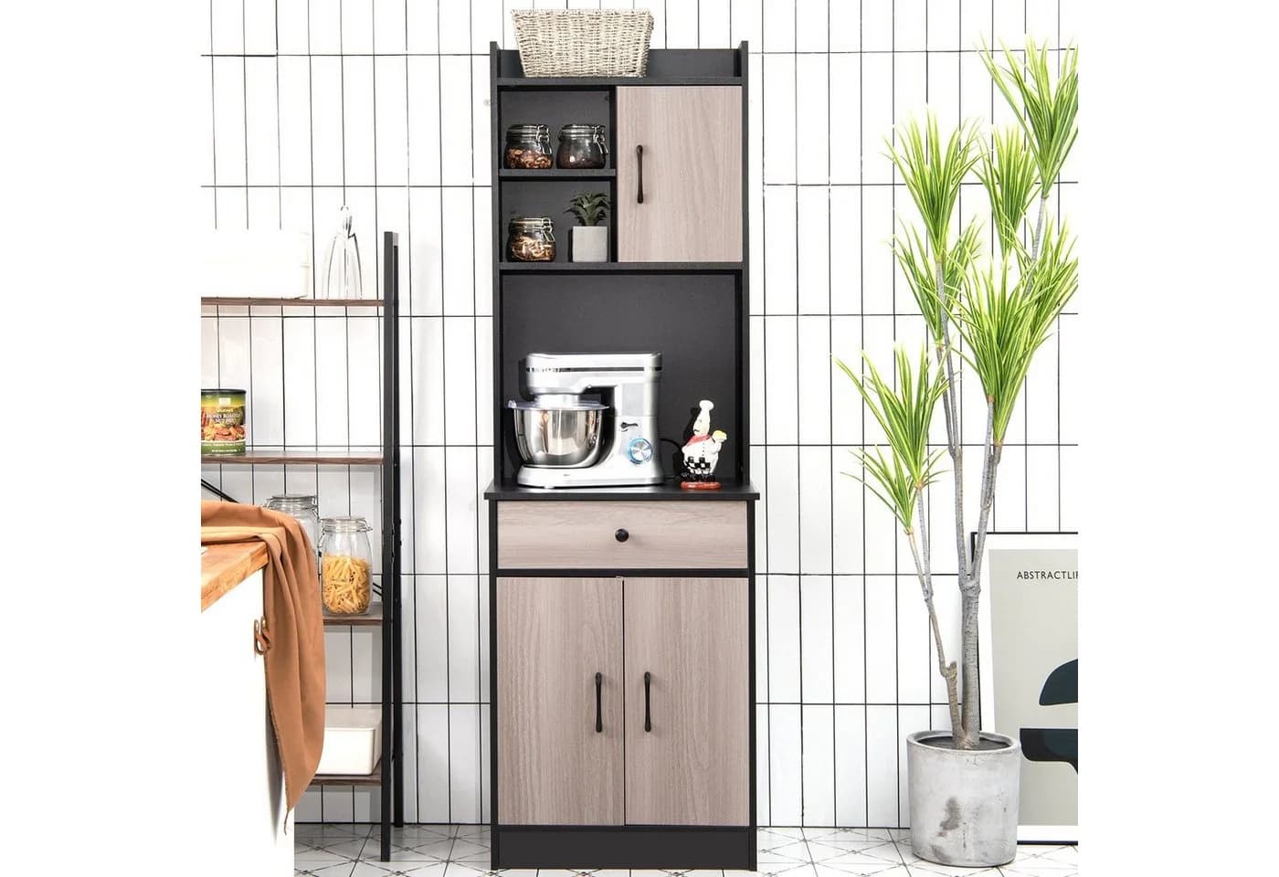 COSTWAY Küchenbuffet Hochschrank mit Schublade & verstellbaren Ablagen Schwarz