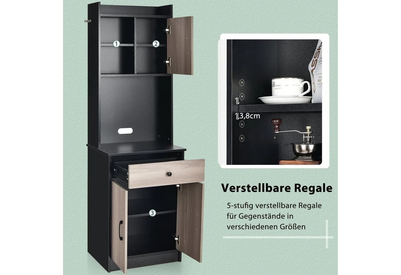 COSTWAY Küchenbuffet Hochschrank mit Schublade & verstellbaren Ablagen Schwarz - Bild 3