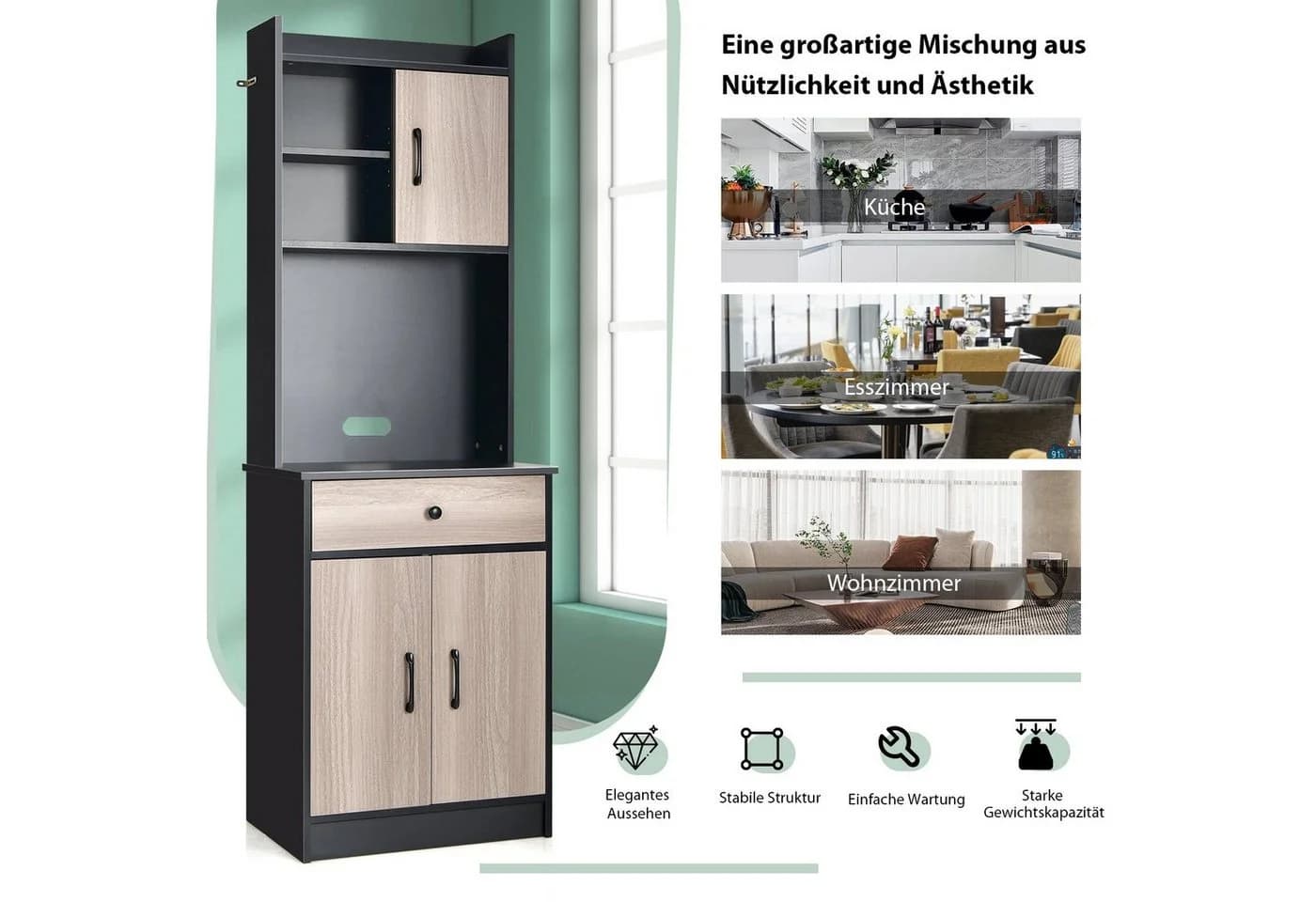 COSTWAY Küchenbuffet Hochschrank mit Schublade & verstellbaren Ablagen Schwarz - Bild 4