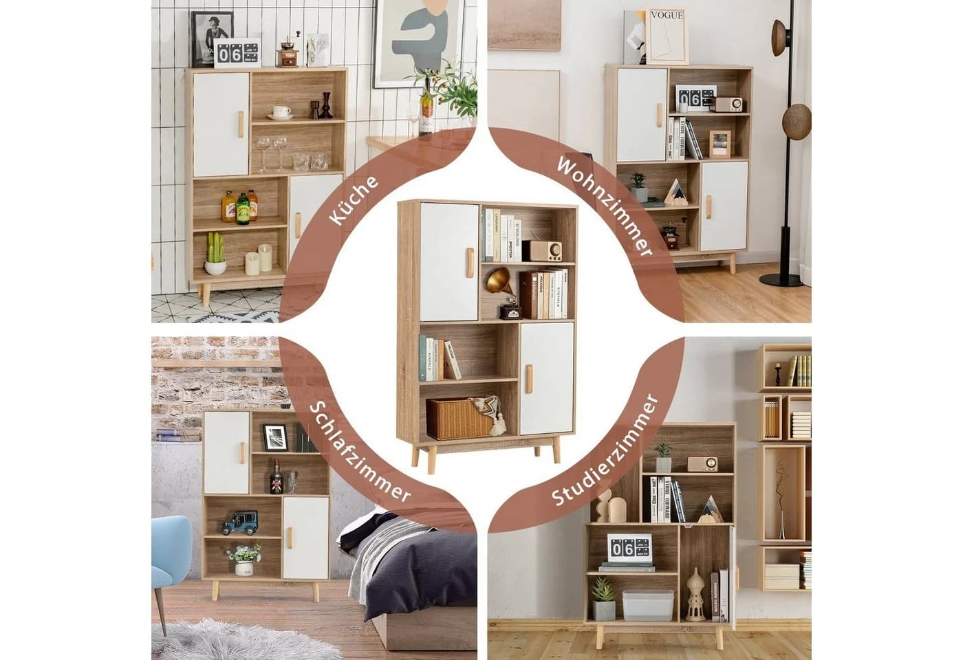 COSTWAY Bücherregal mit 2 Türen & 4 Regalen, Kippsicherung, Holz, 80x24x120cm
