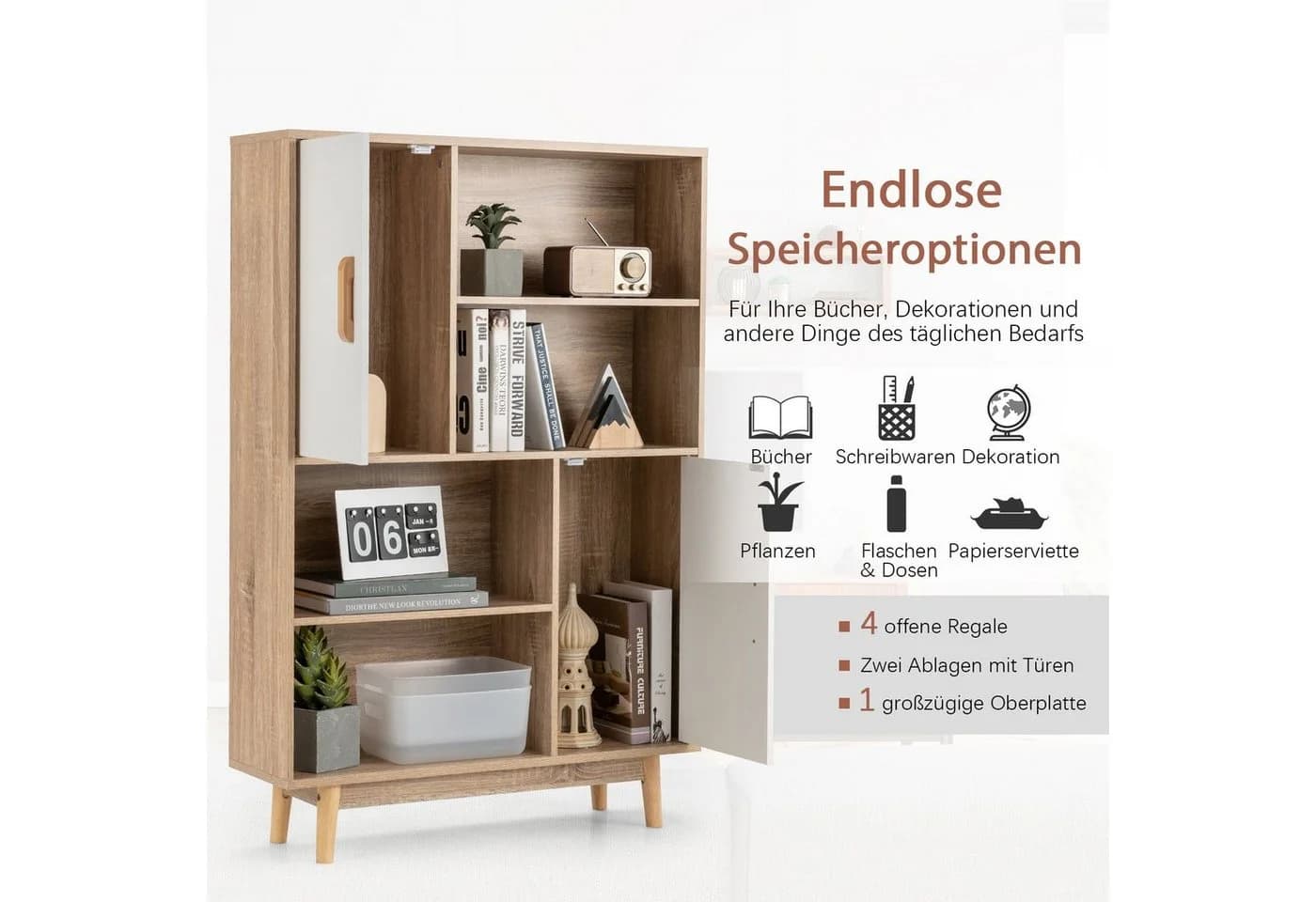 COSTWAY Bücherregal mit 2 Türen & 4 Regalen, Kippsicherung, Holz, 80x24x120cm - Bild 3