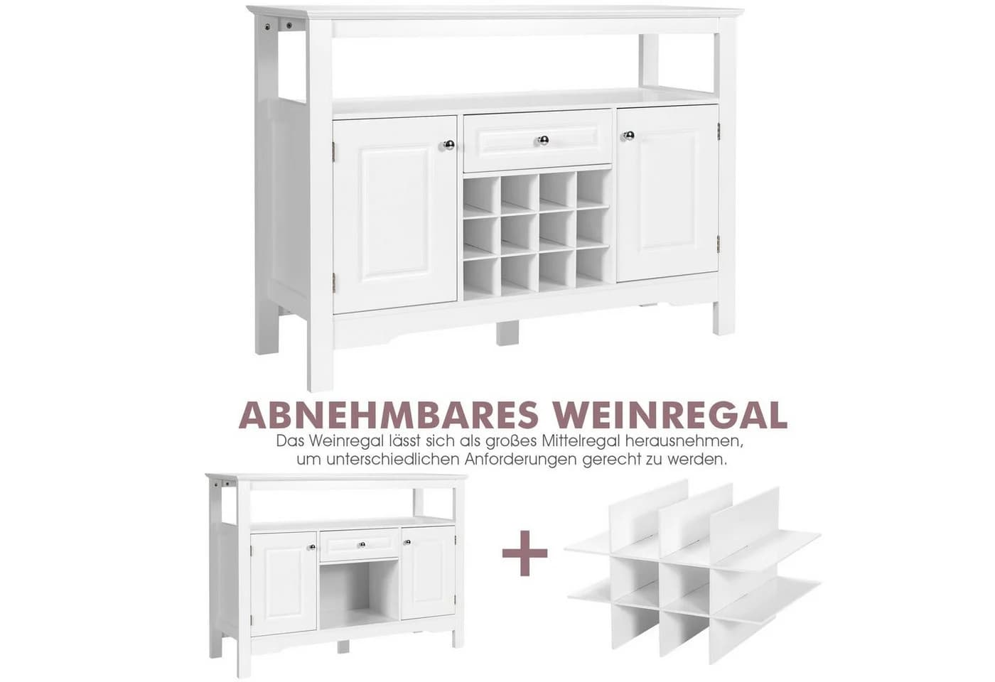 COSTWAY Konsolentisch Küchenschrank mit Schubladen Weinregal 12 Fächern Weiß - Bild 4