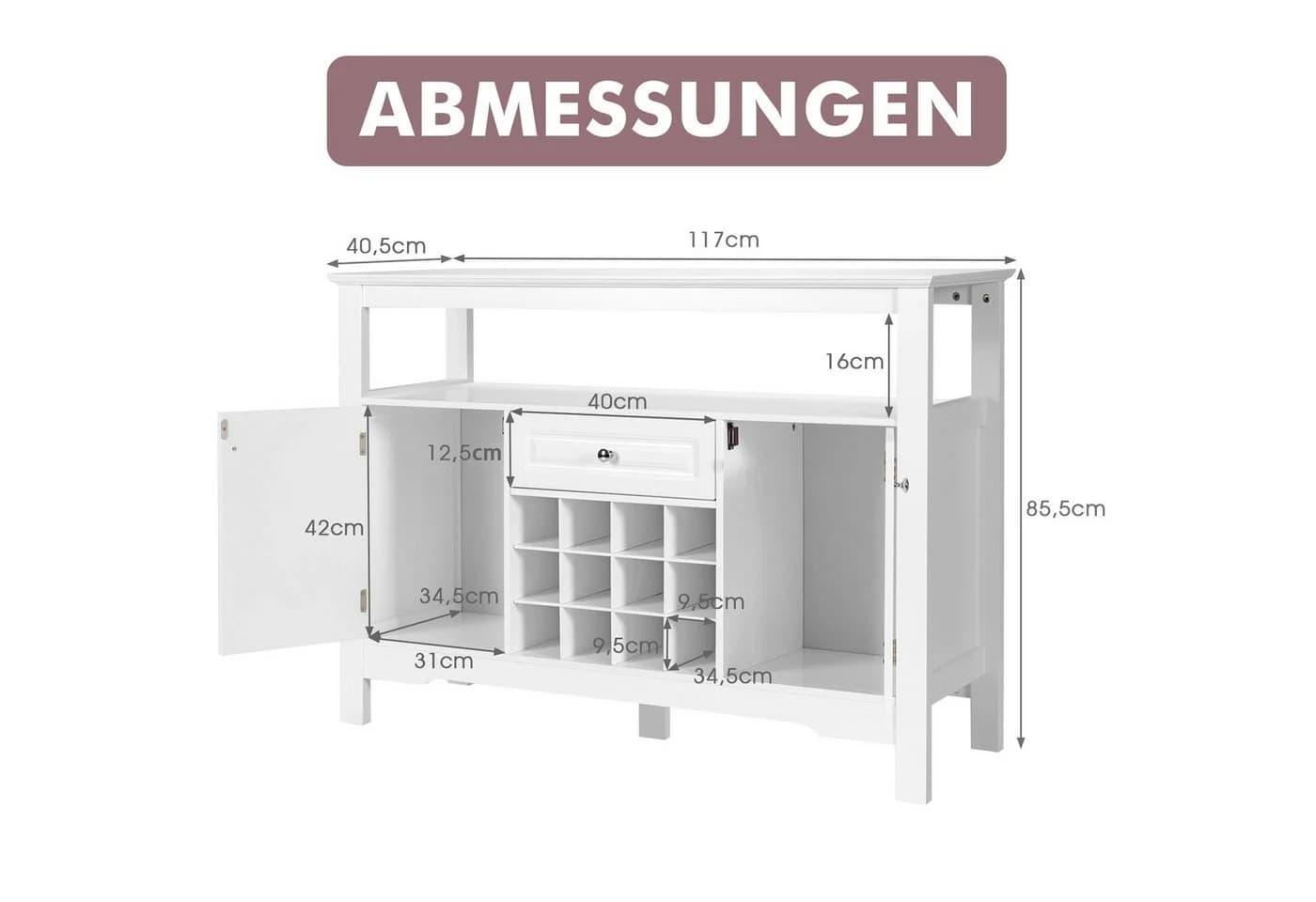 COSTWAY Konsolentisch Küchenschrank mit Schubladen Weinregal 12 Fächern Weiß - Bild 5