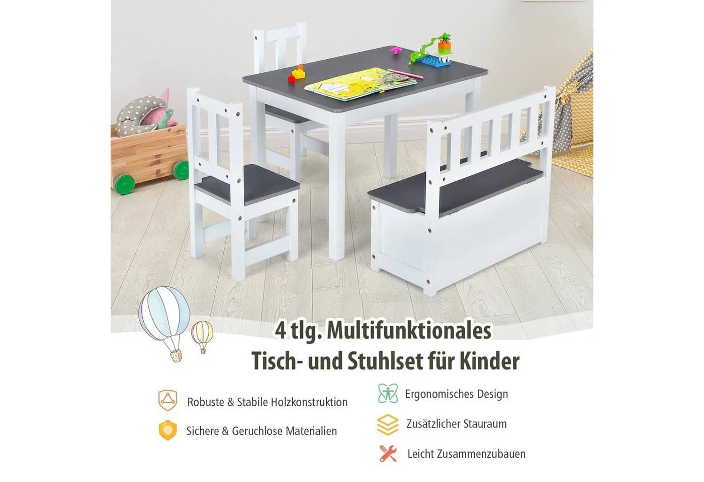 COSTWAY Kindersitzgruppe Kindertisch mit 2 Stühlen Sitzbank mit Stauraum Grau - Bild 3