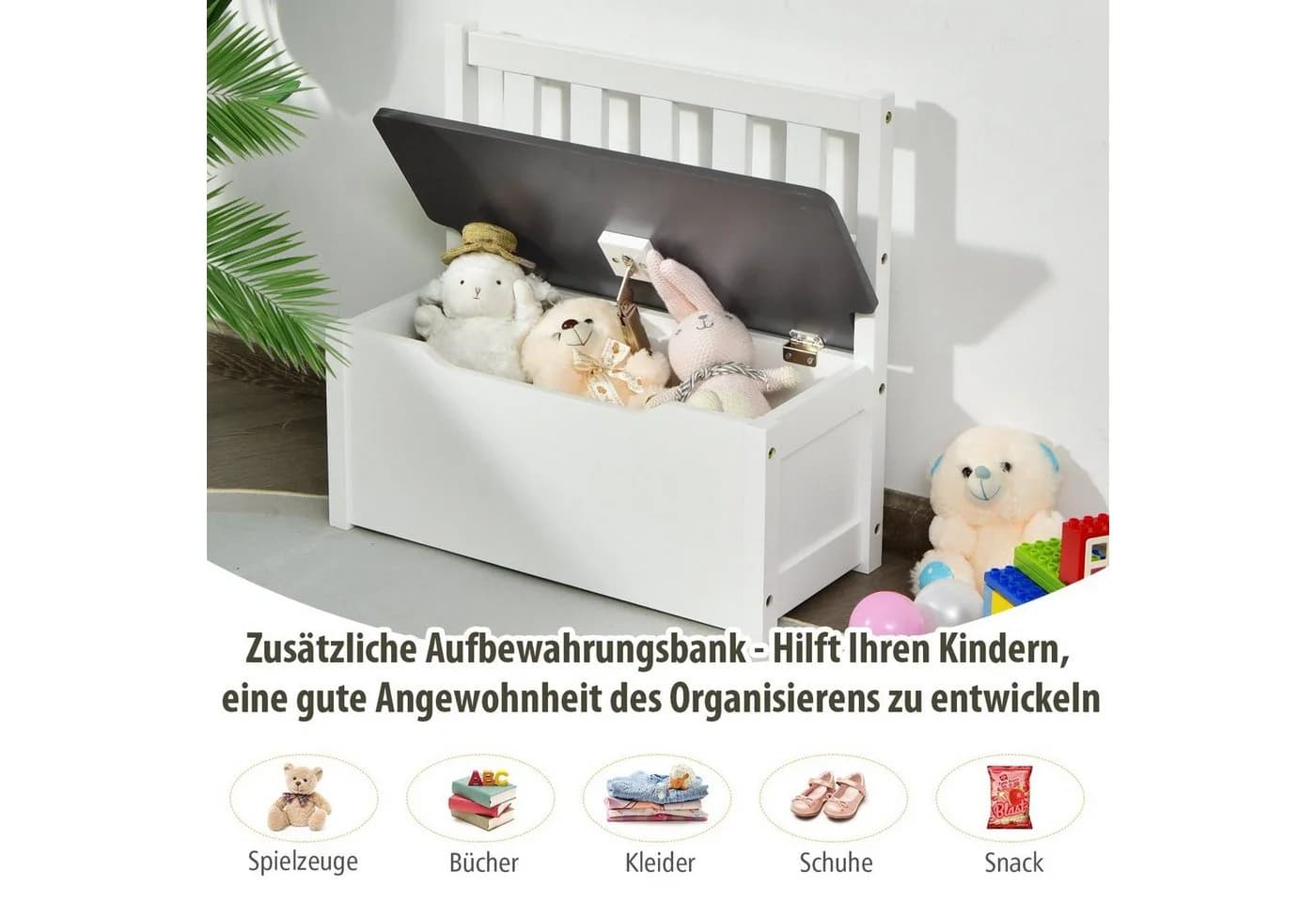 COSTWAY Kindersitzgruppe Kindertisch mit 2 Stühlen Sitzbank mit Stauraum Grau - Bild 4