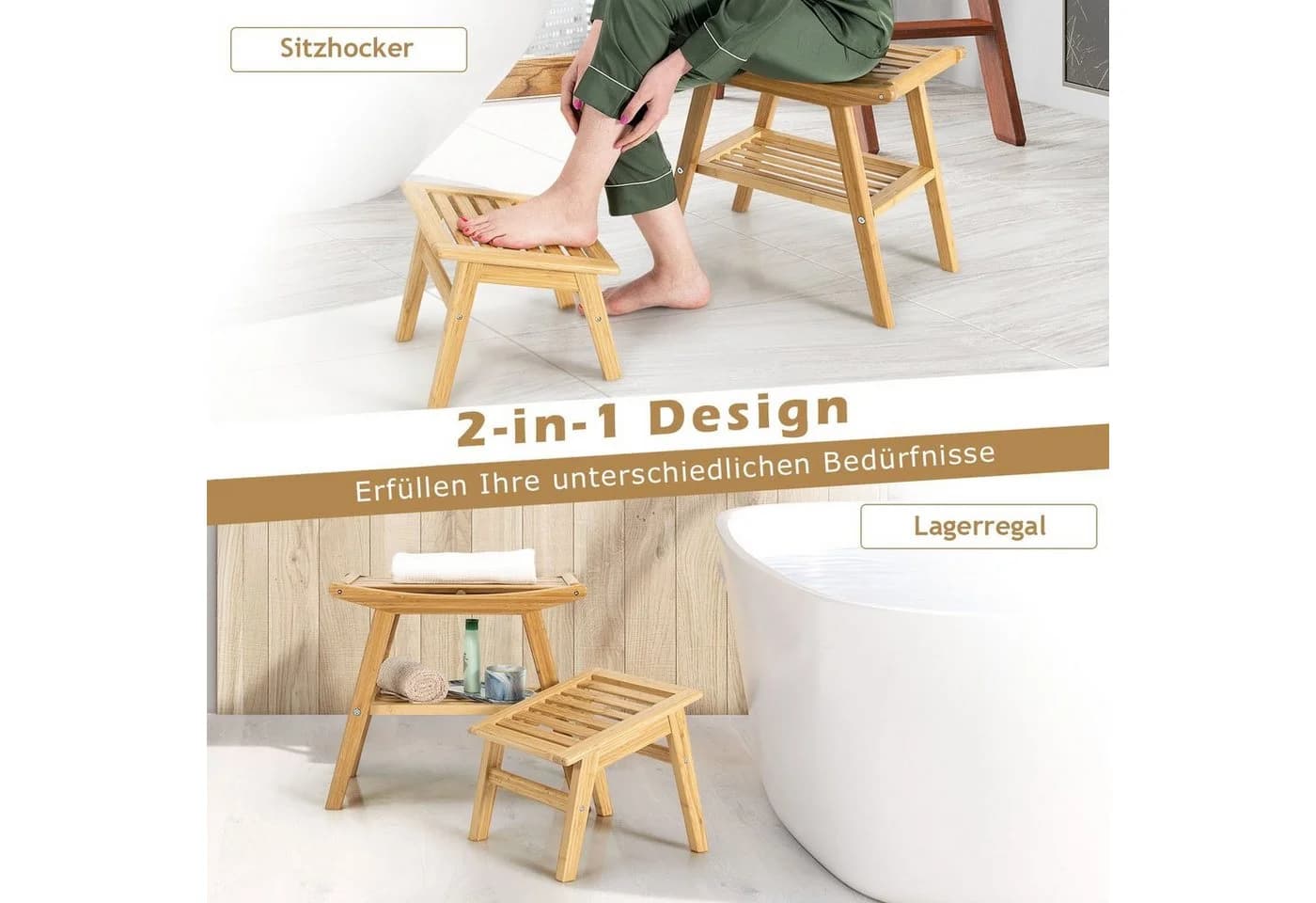 COSTWAY Duschhocker Bambus mit Fach & Fußhocker, beige