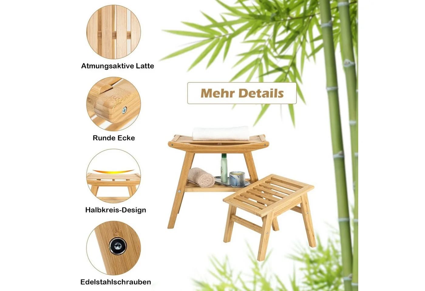 COSTWAY Duschhocker Bambus mit Fach & Fußhocker, beige - Bild 4