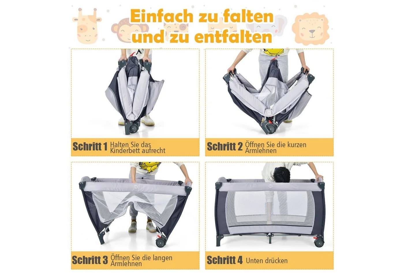 COSTWAY Baby-Reisebett 4 in 1 Grau mit Matratze & Rollen - Bild 4
