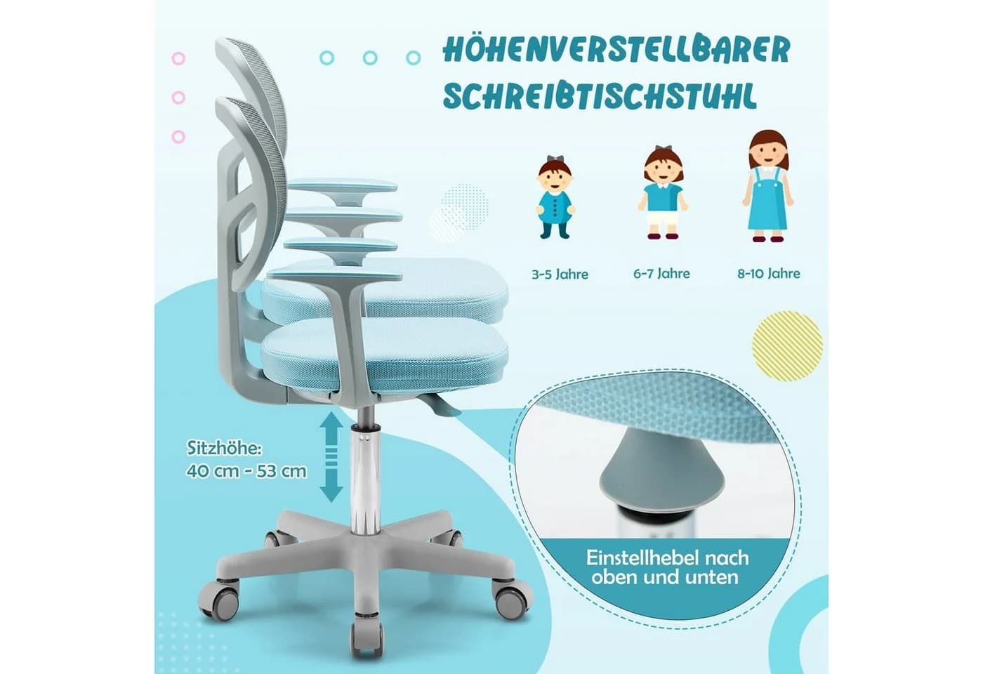 COSTWAY Drehstuhl Kinder Schreibtischstuhl, höhenverstellbar, blau - Bild 4