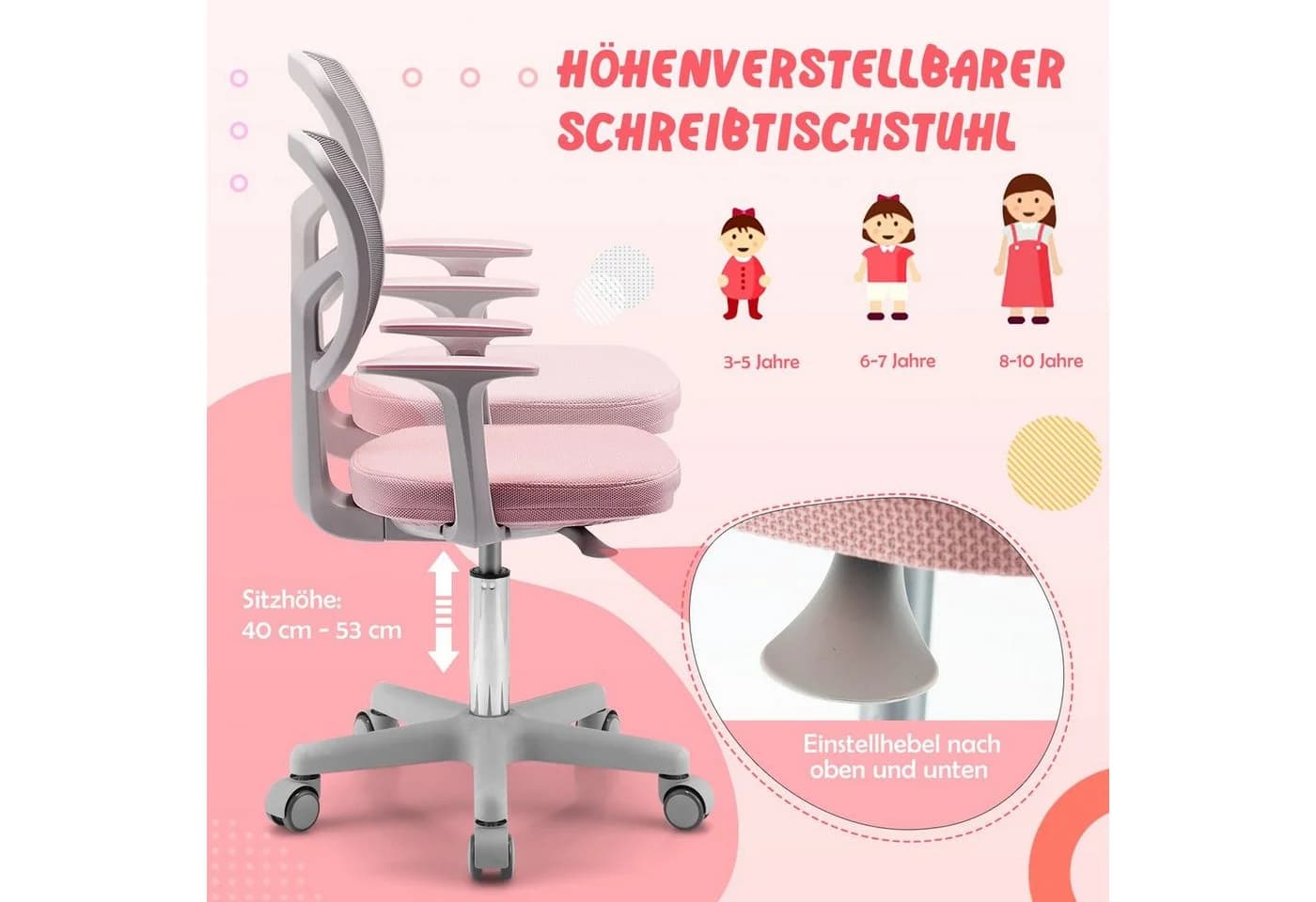 COSTWAY Kinder Schreibtischstuhl Rosa Höhenverstellbar 3-10 Jahre - Bild 4
