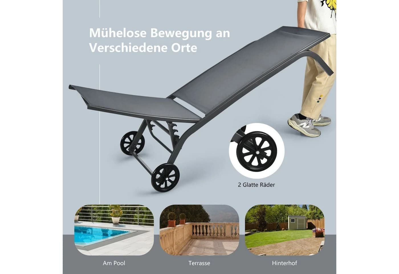 COSTWAY Gartenliege Sonnenliege Grau mit Rollen 6-fach verstellbar - Bild 4