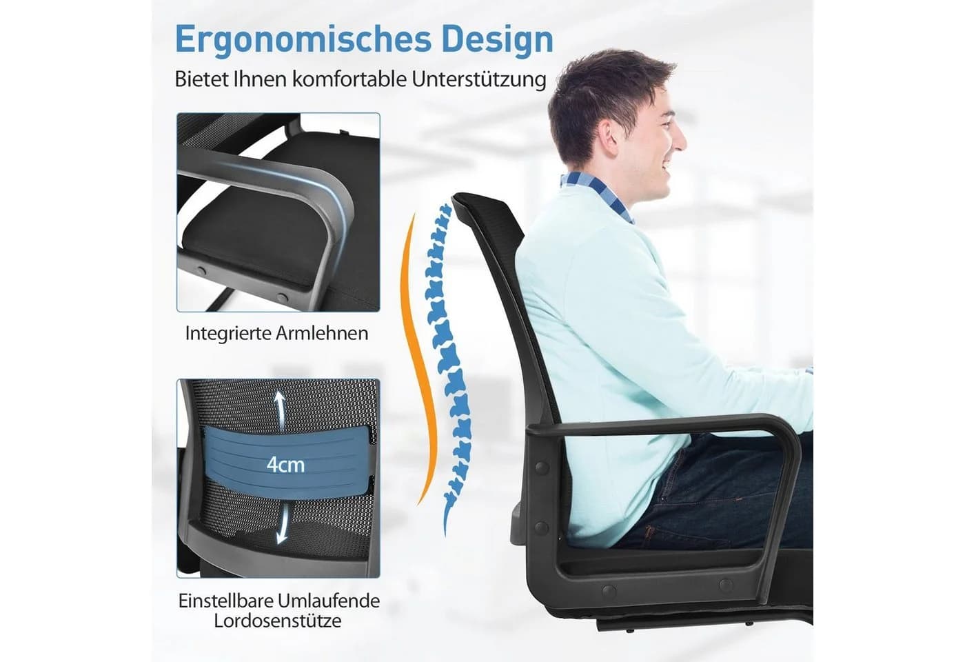 COSTWAY Bürostuhl Schwarz - Ergonomischer Konferenzstuhl mit Netzrücken - Bild 4