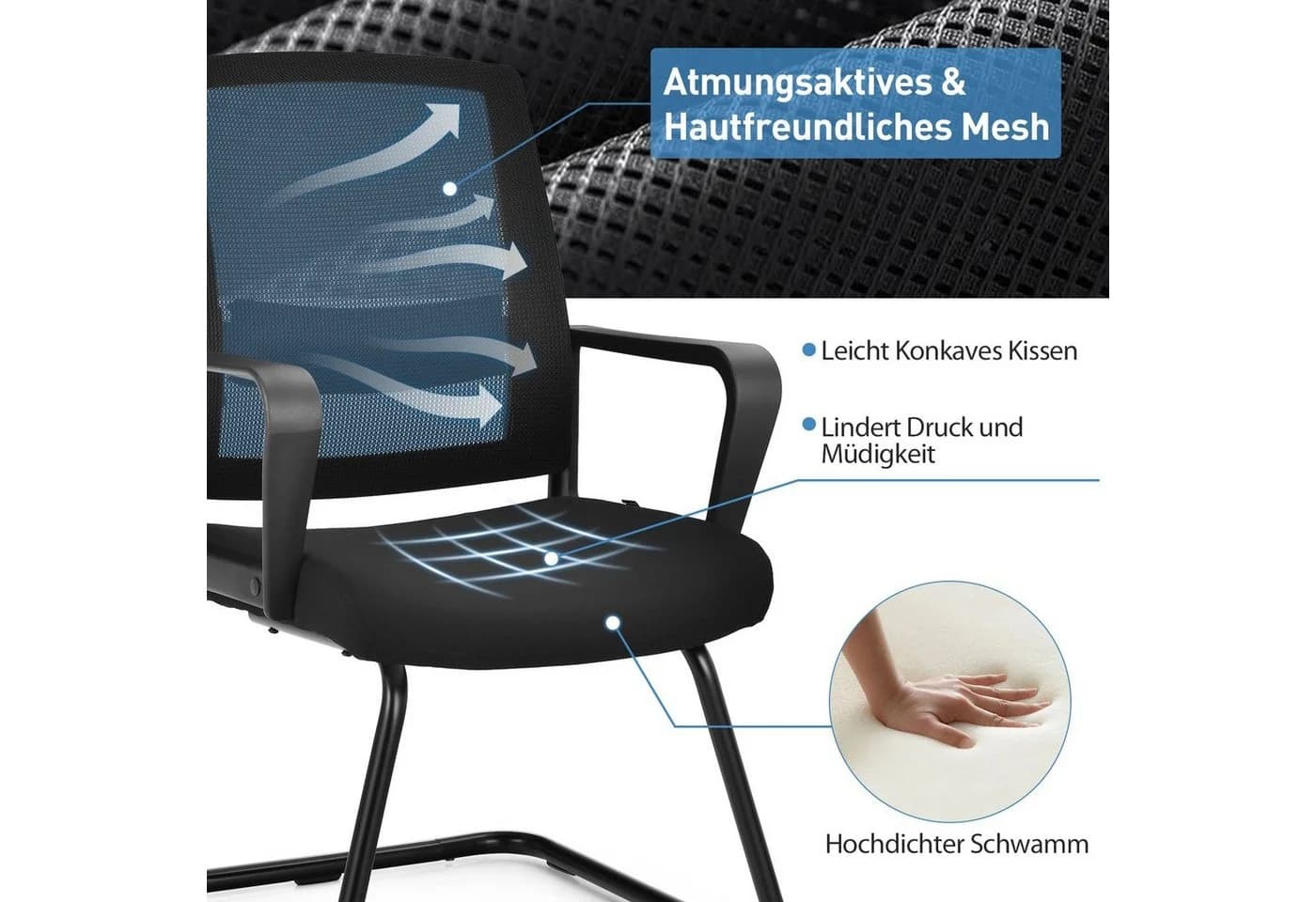 COSTWAY Bürostuhl Schwarz - Ergonomischer Konferenzstuhl mit Netzrücken - Bild 5