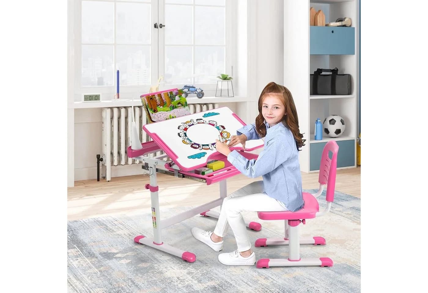 KOMFOTTEU Kinderschreibtisch Set Rosa mit verstellbarer Tischplatte & Lampe