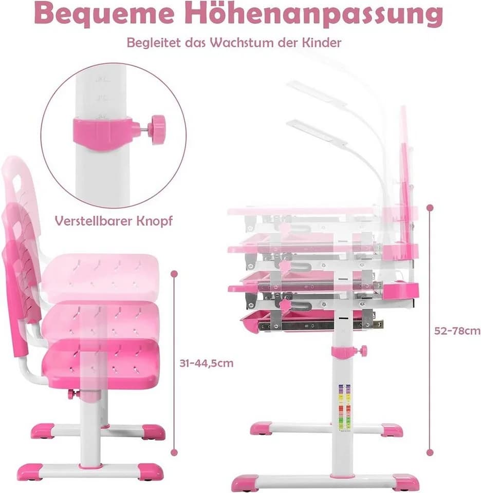KOMFOTTEU Kinderschreibtisch Set Rosa mit verstellbarer Tischplatte & Lampe - Bild 3