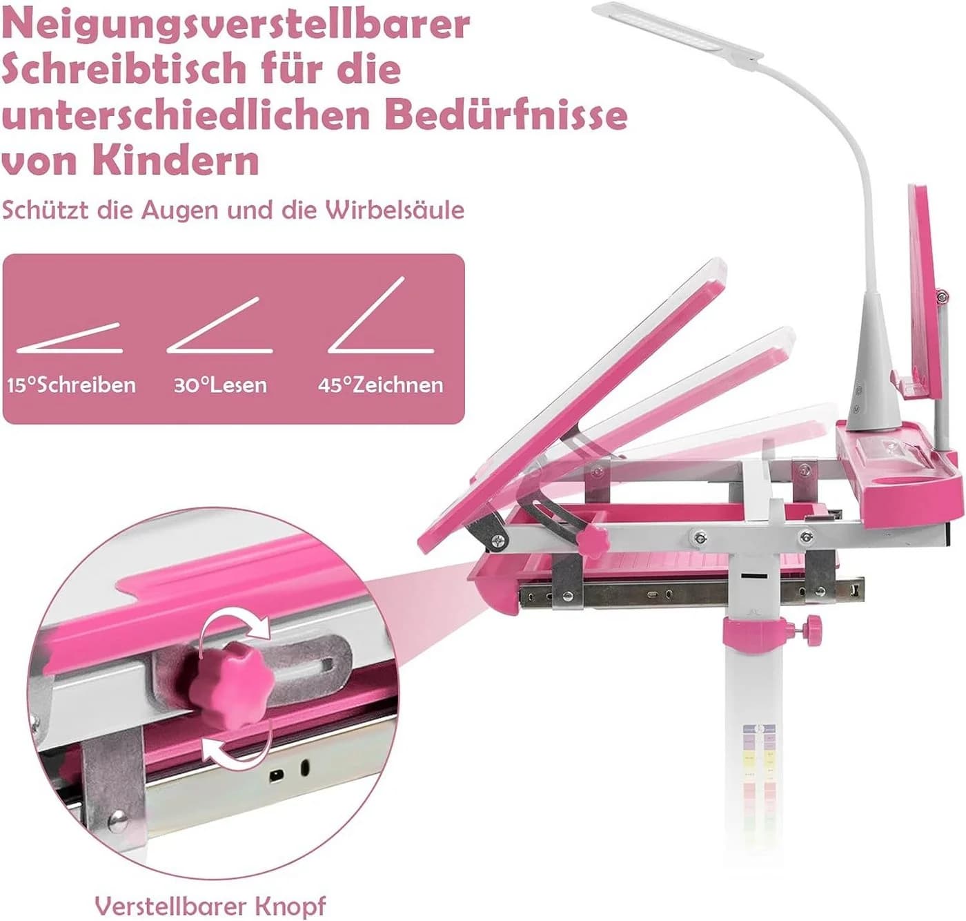 KOMFOTTEU Kinderschreibtisch Set Rosa mit verstellbarer Tischplatte & Lampe - Bild 4