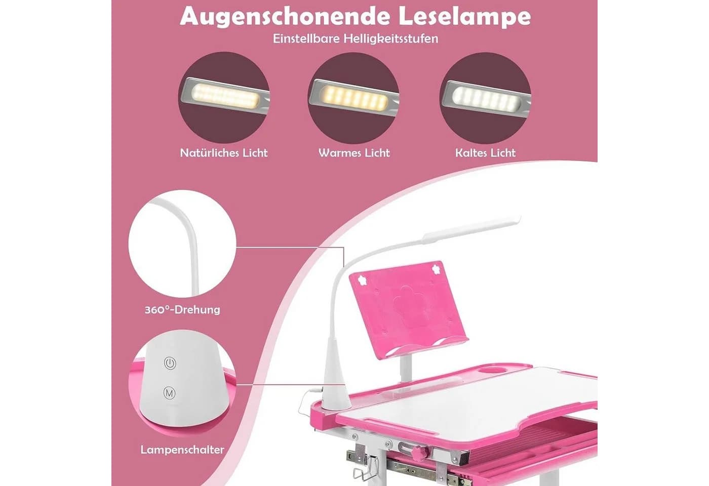KOMFOTTEU Kinderschreibtisch Set Rosa mit verstellbarer Tischplatte & Lampe - Bild 5