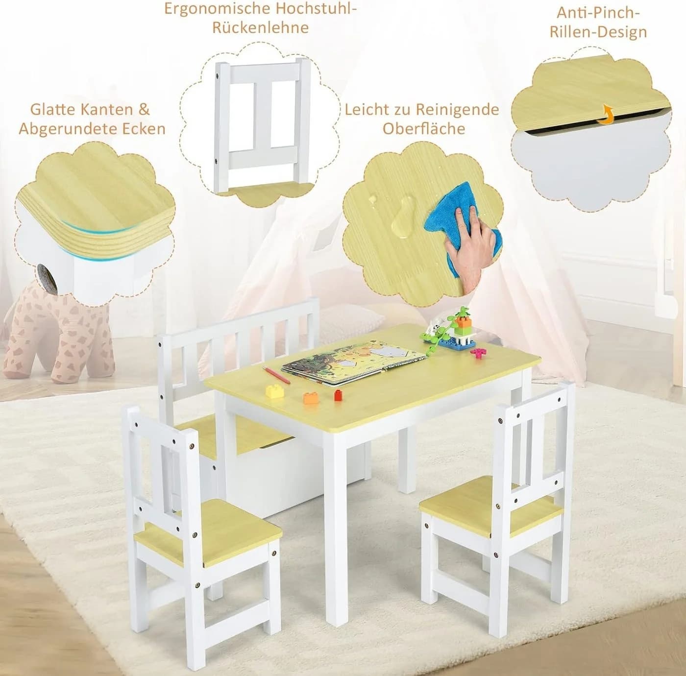 KOMFOTTEU Kindersitzgruppe 4-tlg. mit Stauraum Bank Natur/Grau - Bild 3