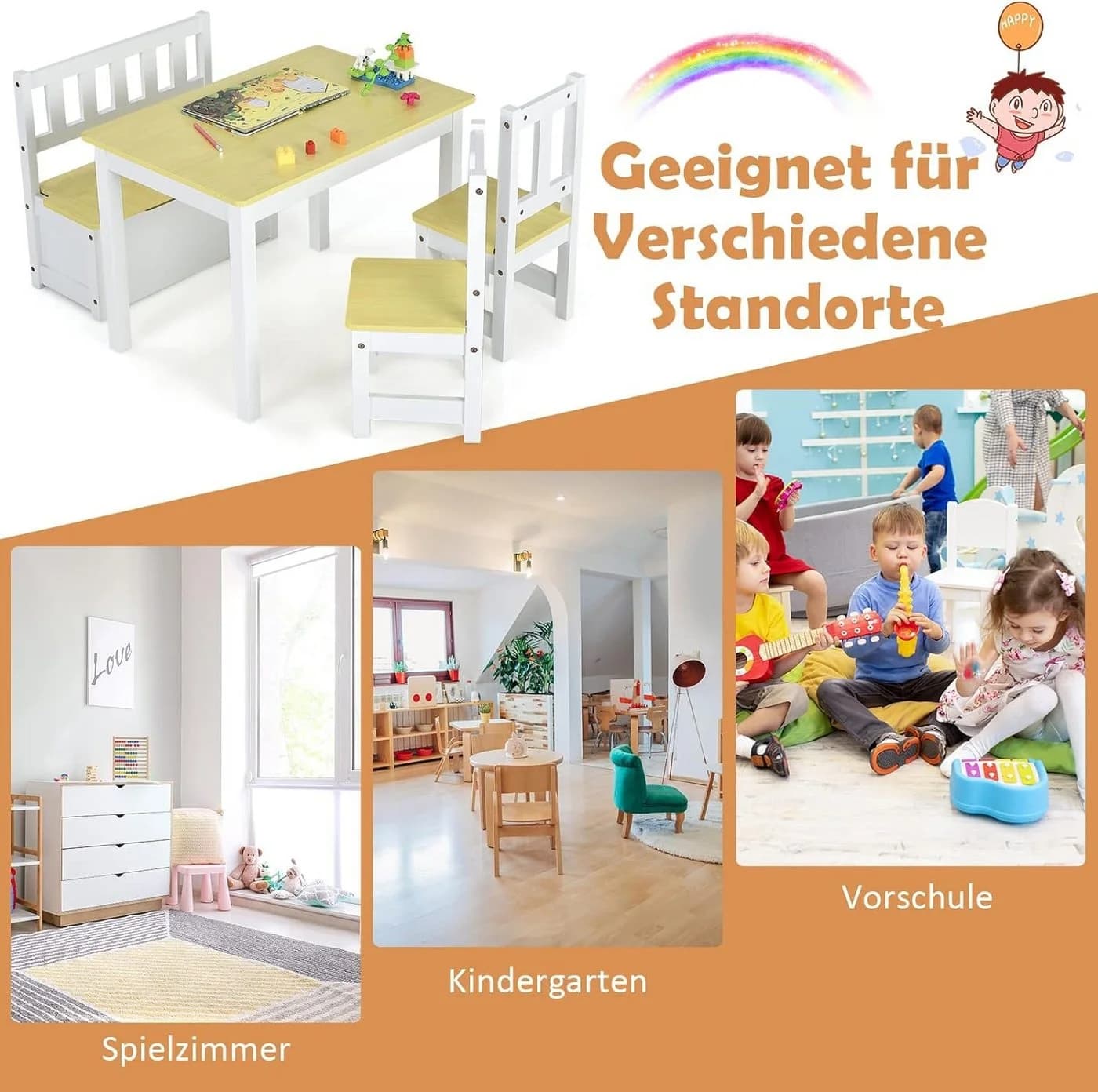 KOMFOTTEU Kindersitzgruppe 4-tlg. mit Stauraum Bank Natur/Grau - Bild 5