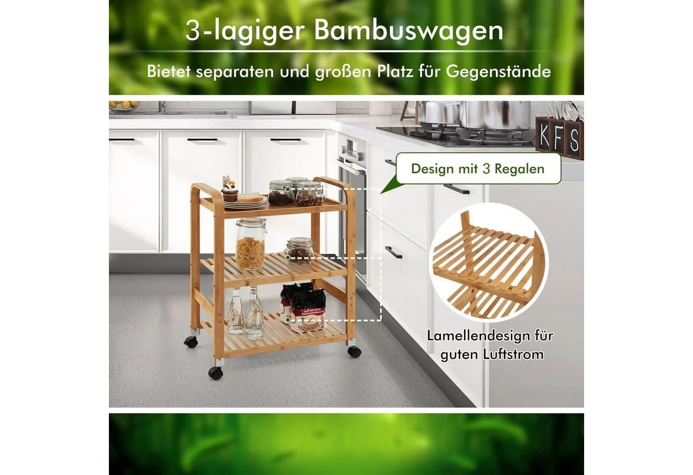 COSTWAY Servierwagen Bambus 3 Ablagen mit Rollen & Griffen - Bild 3