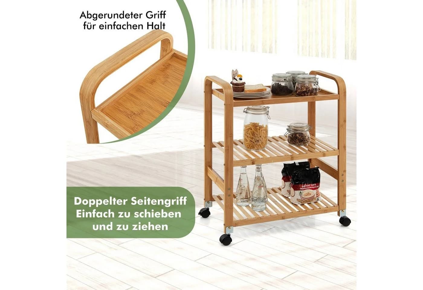 COSTWAY Servierwagen Bambus 3 Ablagen mit Rollen & Griffen - Bild 4