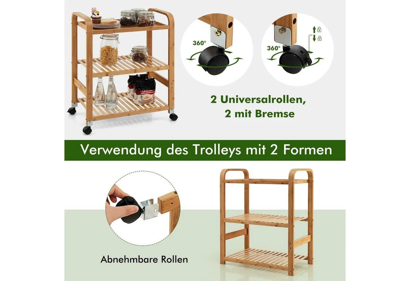 COSTWAY Servierwagen Bambus 3 Ablagen mit Rollen & Griffen - Bild 5