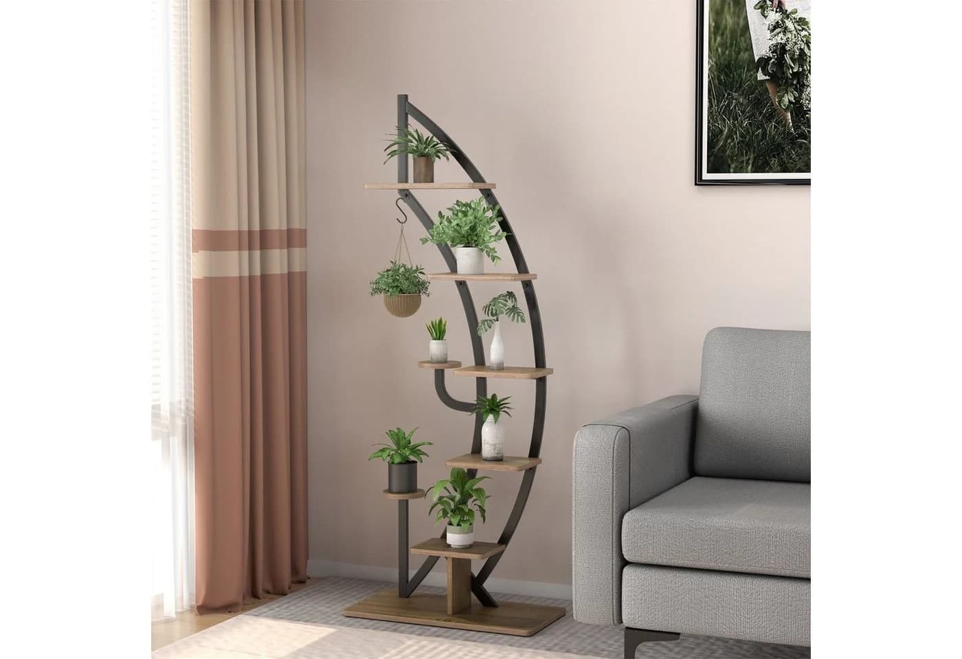 COSTWAY Blumenständer 6-stufig mit 2 Ablagen, Haken & Kippschutz