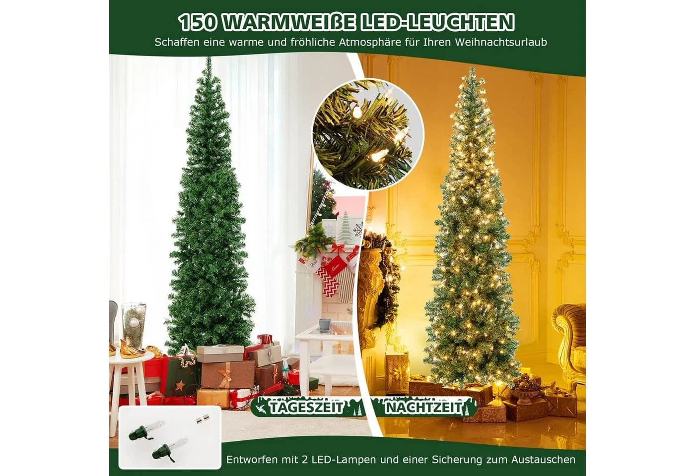 COSTWAY Künstlicher Weihnachtsbaum 210 cm Halbform 450 PVC-Spitzen 150 LEDs - Bild 3
