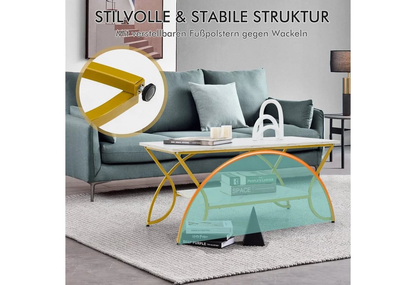 COSTWAY Couchtisch Marmor mit Ablage & goldenen Metallbeinen, 100x50x45cm - Bild 3