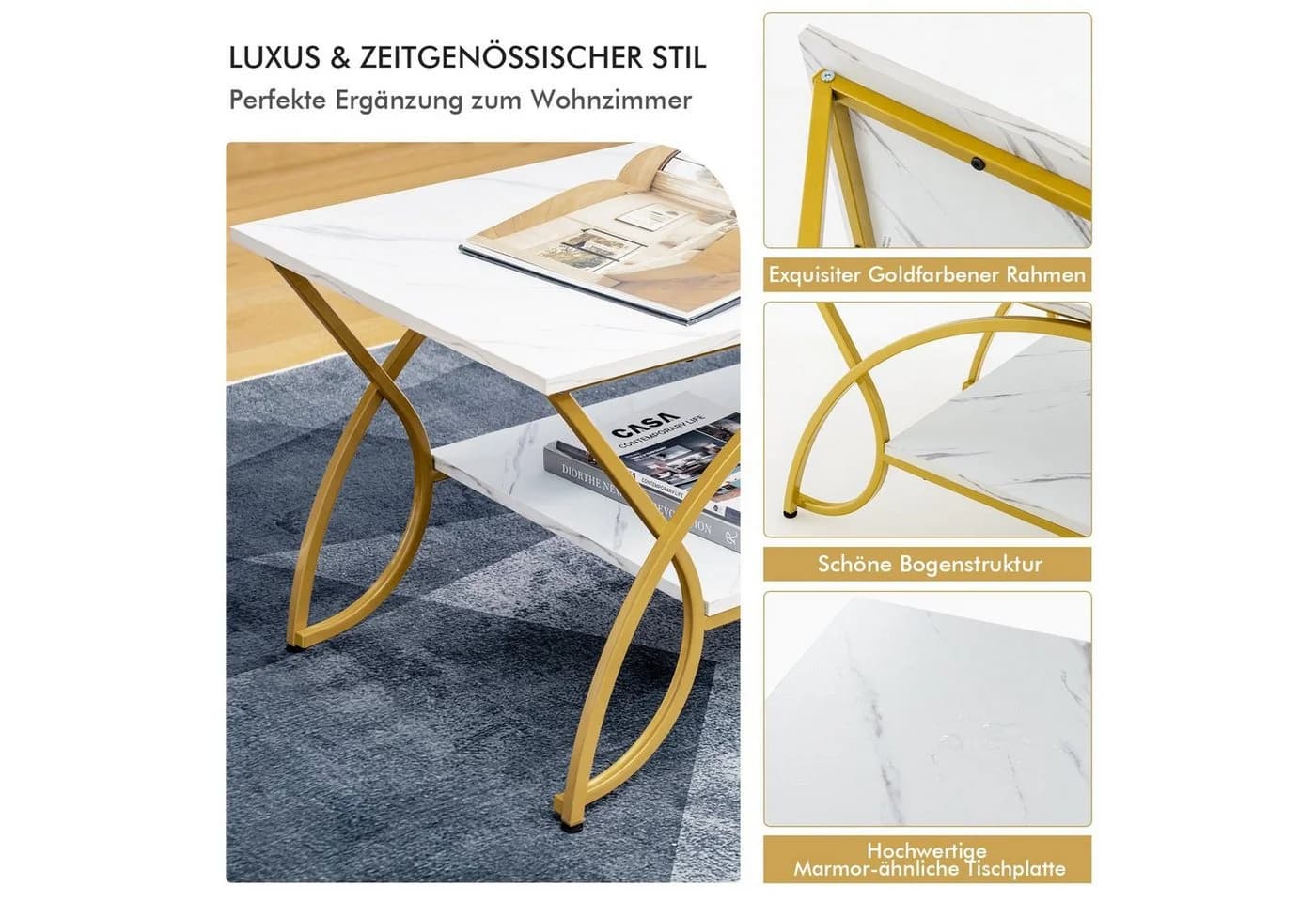 COSTWAY Couchtisch Marmor mit Ablage & goldenen Metallbeinen, 100x50x45cm - Bild 5