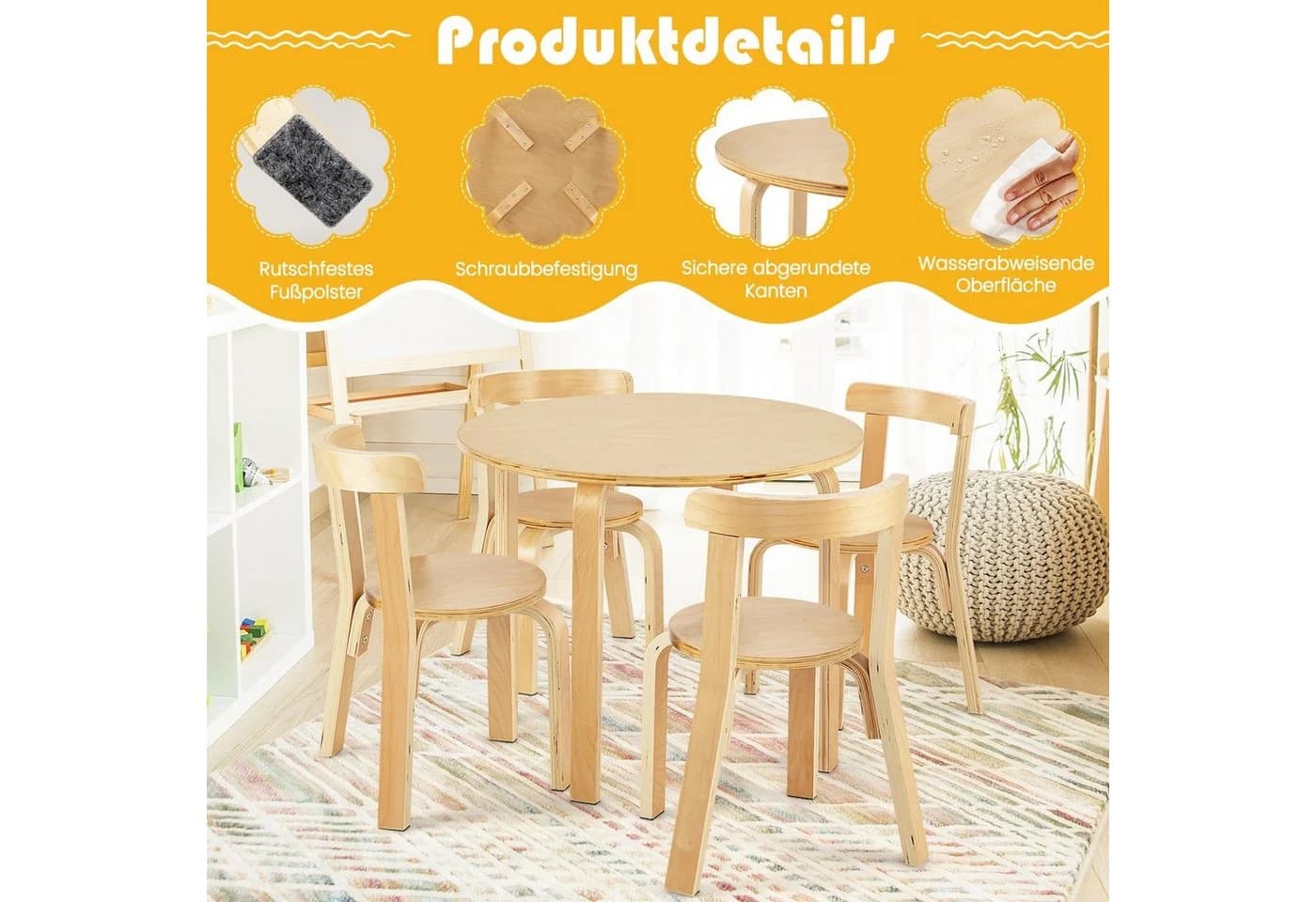 COSTWAY Kindersitzgruppe 5-tlg Kinderschreibtisch mit 4 Stühlen Holz Natur - Bild 3