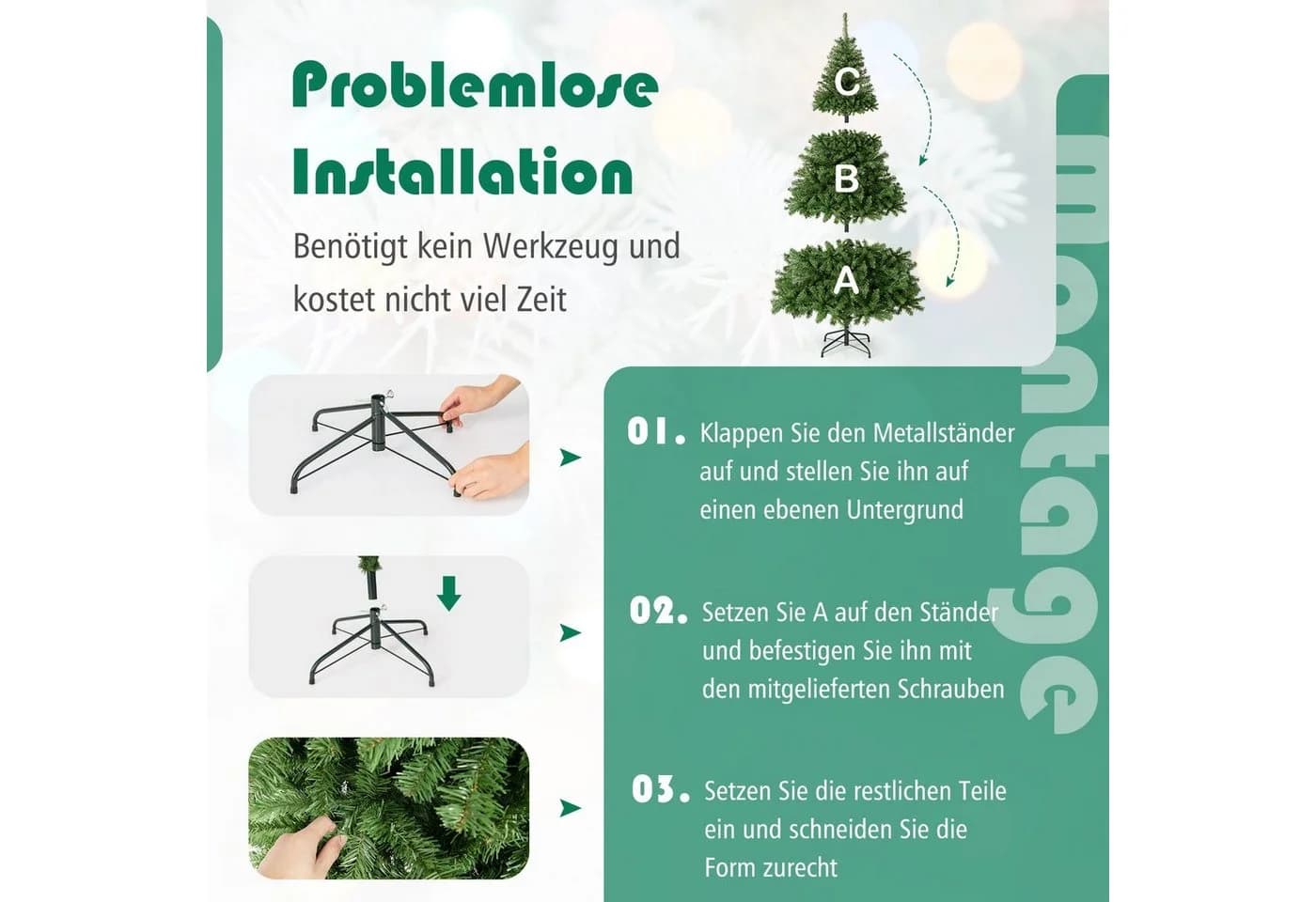 COSTWAY Künstlicher Weihnachtsbaum 225cm mit 1346 Spitzen PVC Nadeln - Bild 5