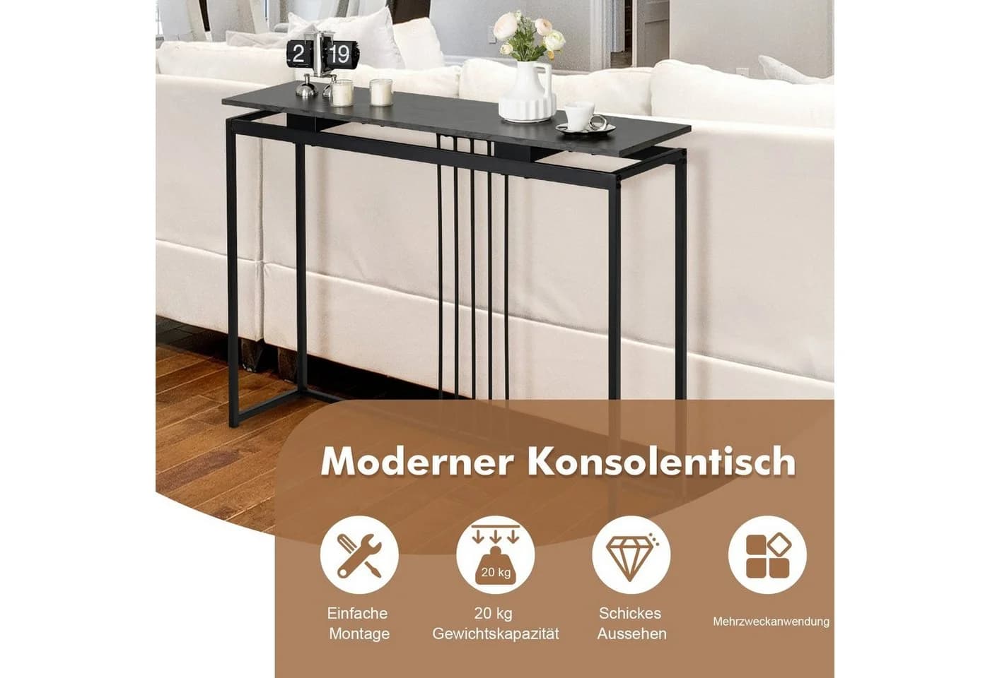 COSTWAY Konsolentisch Marmoroptik Metallgestell Schwarz - Bild 3