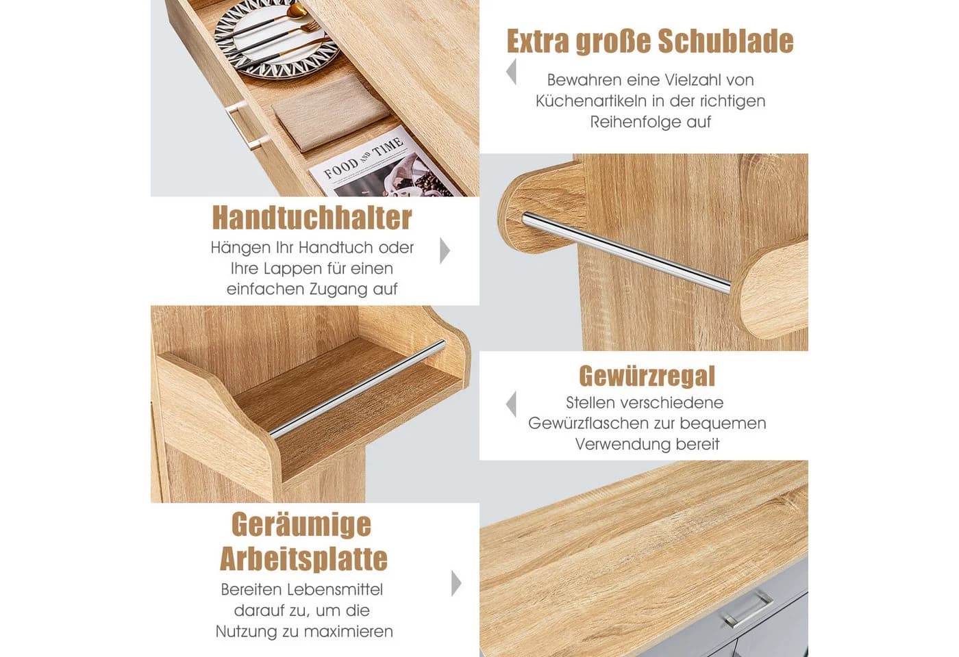 COSTWAY Küchenwagen mit Arbeitsplatte & Handtuchhalter, Rollen - Bild 4