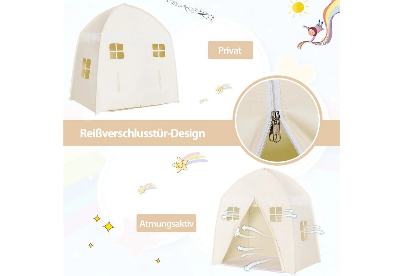 COSTWAY Spielzelt Kinderspielhaus 143 x 100 x 155 cm Beige - Bild 4