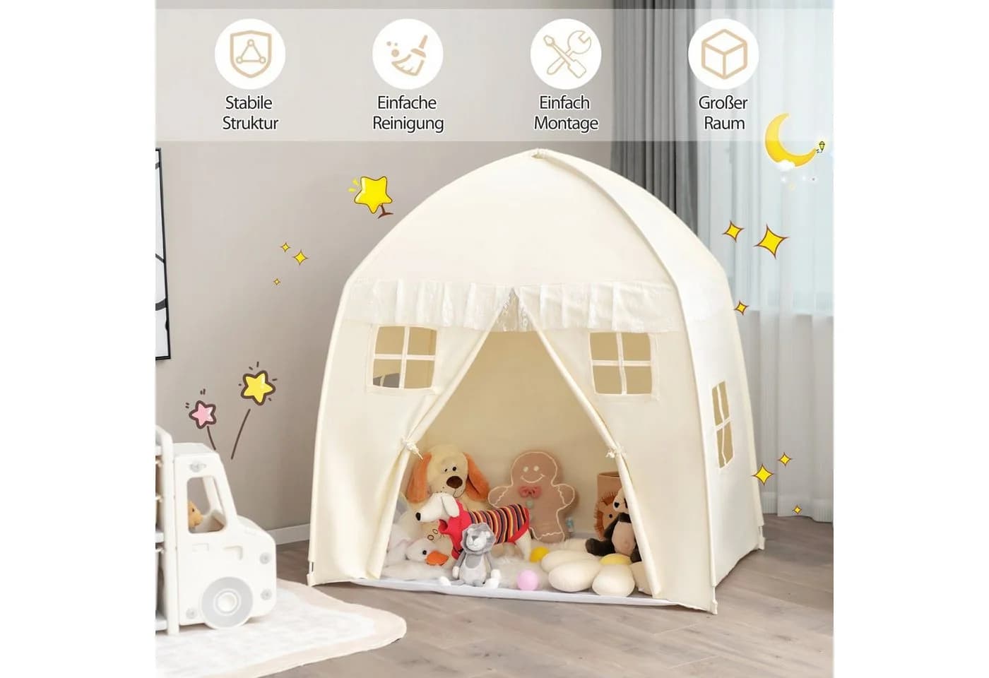 COSTWAY Spielzelt Kinderspielhaus 143 x 100 x 155 cm Beige - Bild 5