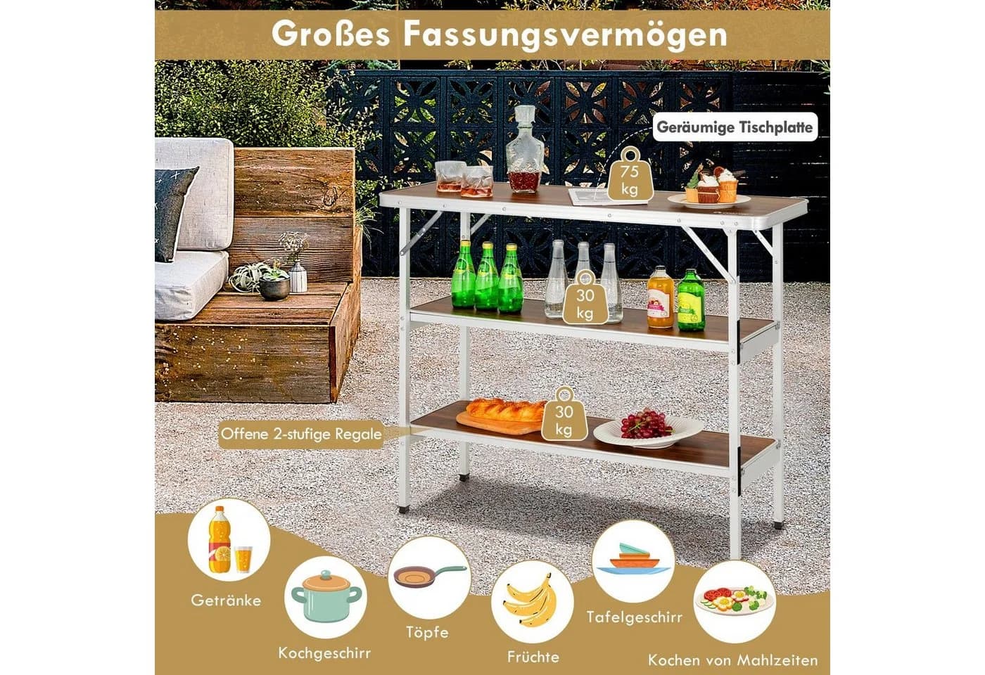 COSTWAY Campingtisch Klapptisch mit Stauraum braun Aluminium - Bild 4