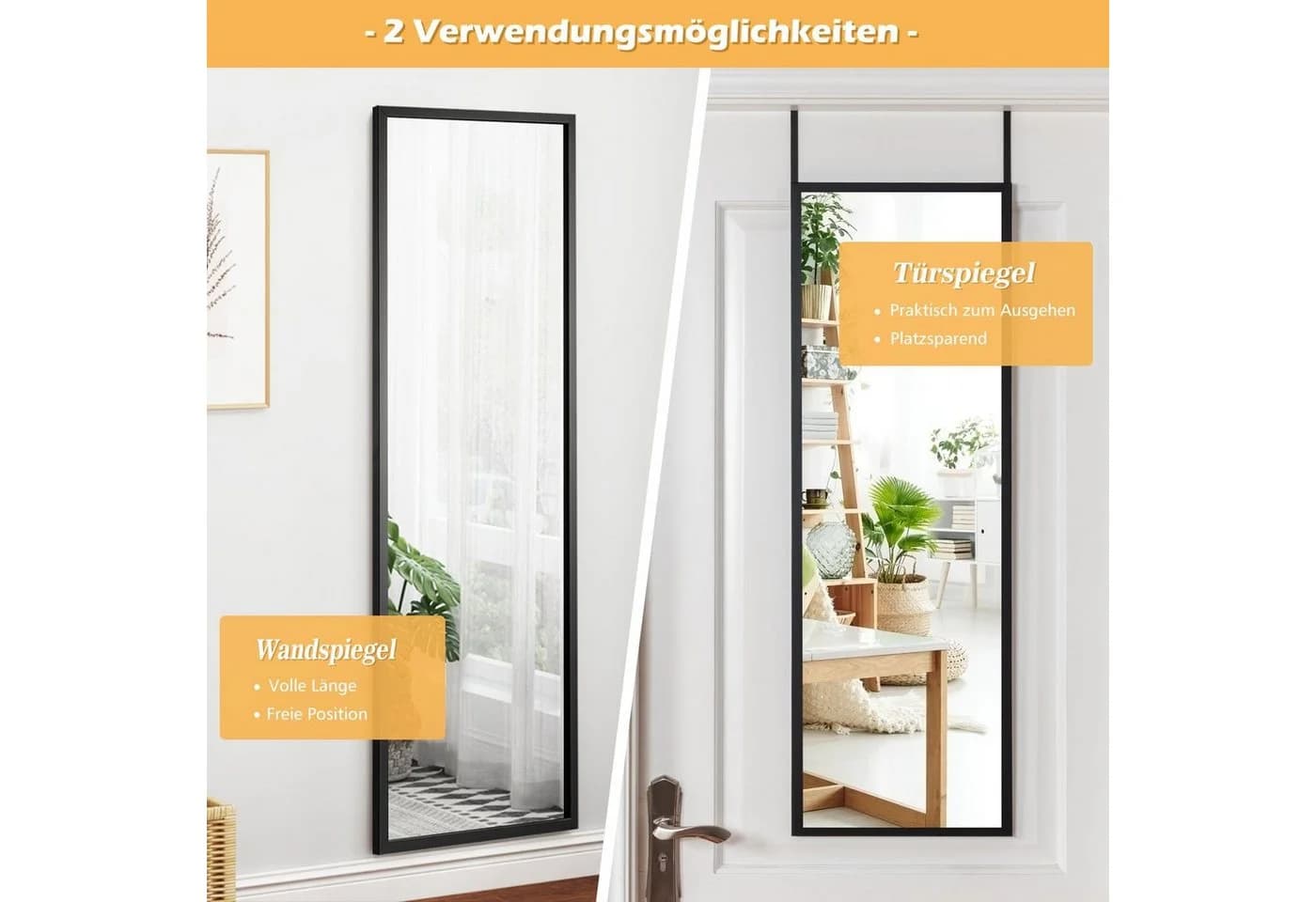 COSTWAY Wandspiegel Ganzkörper Höhenverstellbarer Hängehaken Schwarz - Bild 3