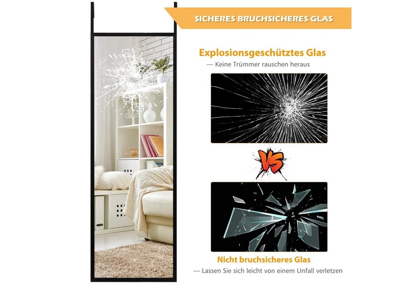 COSTWAY Wandspiegel Ganzkörper Höhenverstellbarer Hängehaken Schwarz - Bild 4