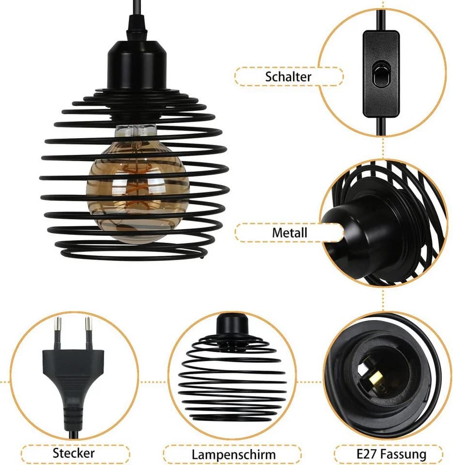 Nettlife Pendelleuchte Schwarz 1.5M Retro-Design mit Schalter Stecker E27 - Bild 3