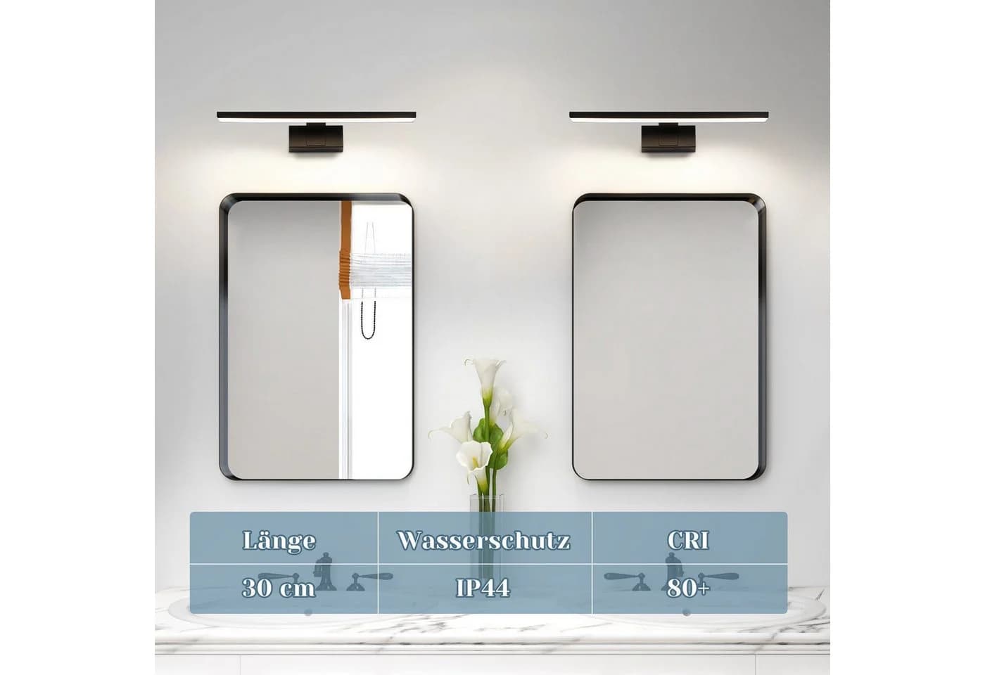 ZMH LED Spiegelleuchte Schwarz 30/40/60CM Neutralweiß Wandlampe