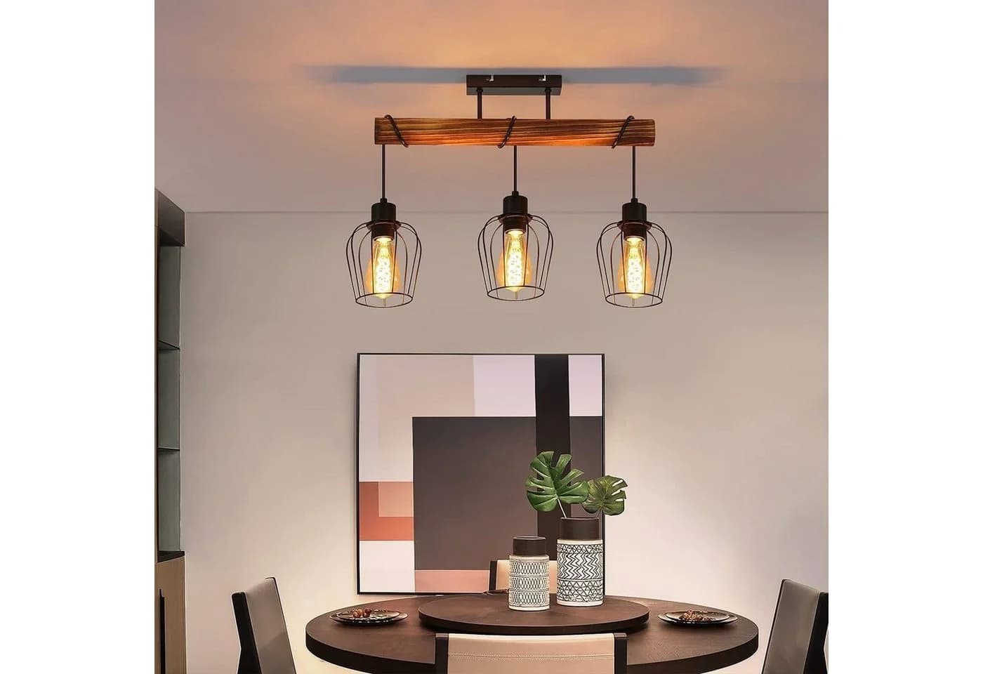 Nettlife Deckenleuchte Holz 3-flammig Retro Schwarz E27 Industrial