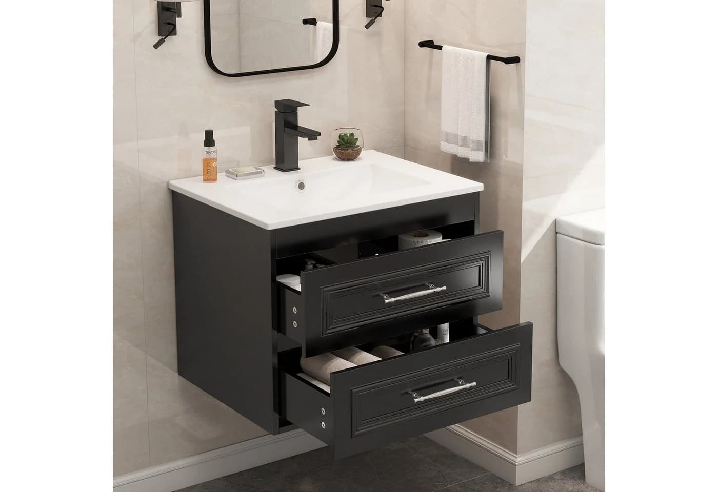 Puluomis Waschtisch Badmöbel Set 60cm mit Keramikwaschbecken & Wasserhahn