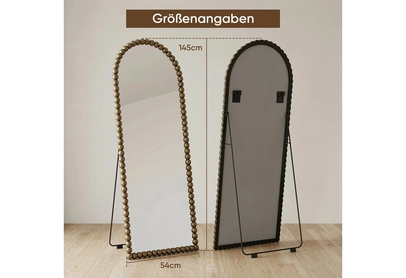 ANTOK Ganzkörperspiegel Vintage-Bodenspiegel 156x62cm mit Perlenrand, Steh- & Wandmontage