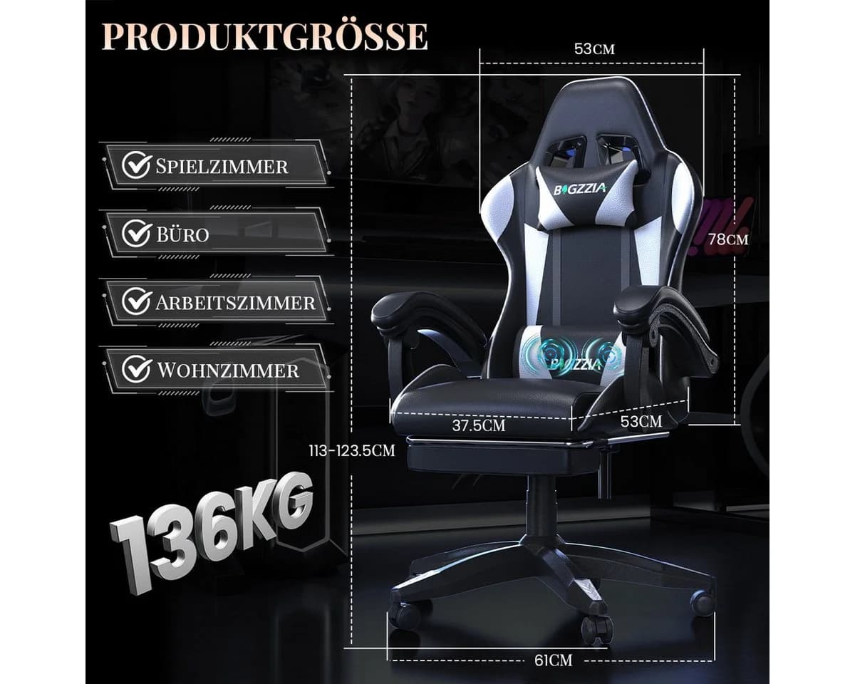ZAISZE Gaming-Stuhl mit Massagefunktion & Fußstütze