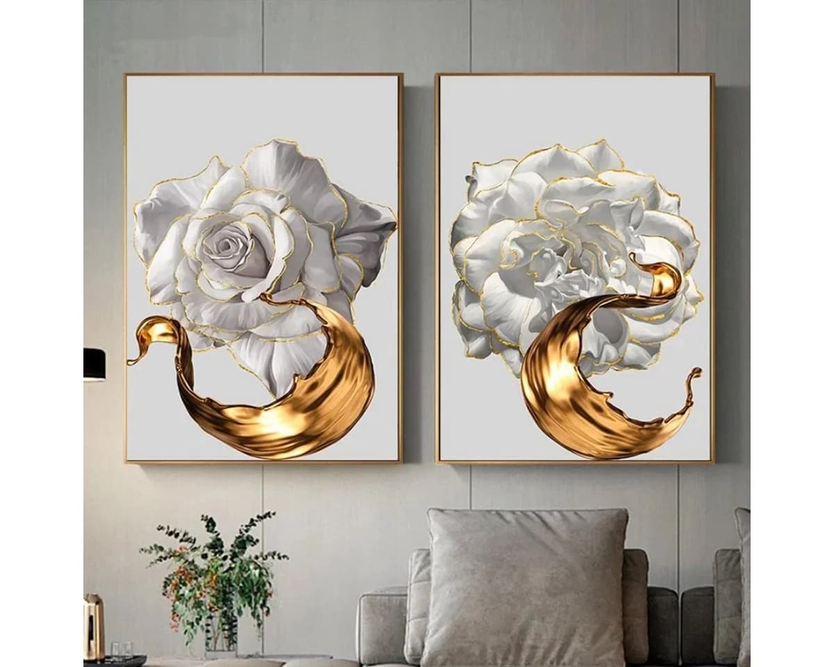 TPFLiving Kunstdruck Leinwand 3er Set Weiße Rose Gold