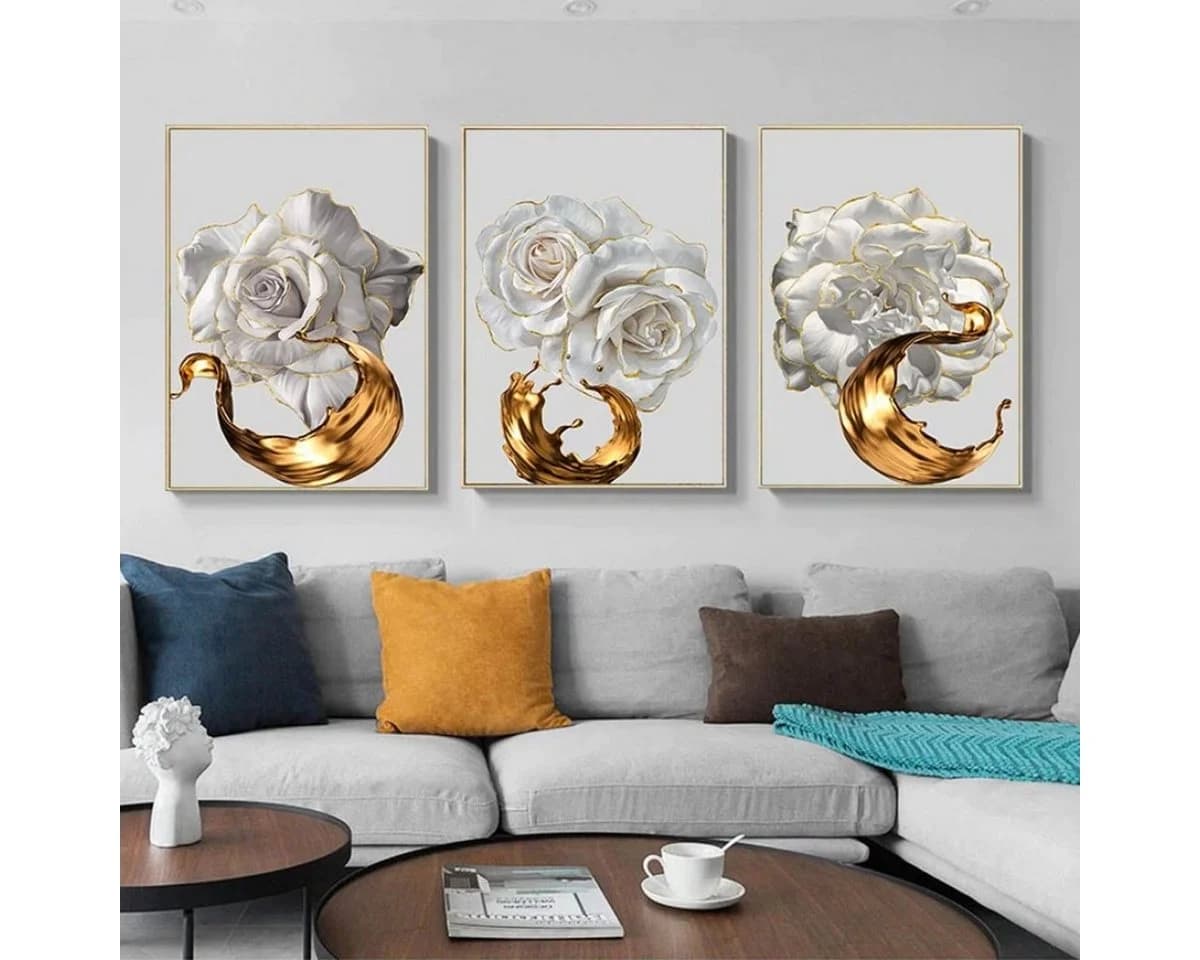 TPFLiving Kunstdruck Leinwand 3er Set Weiße Rose Gold - Bild 2