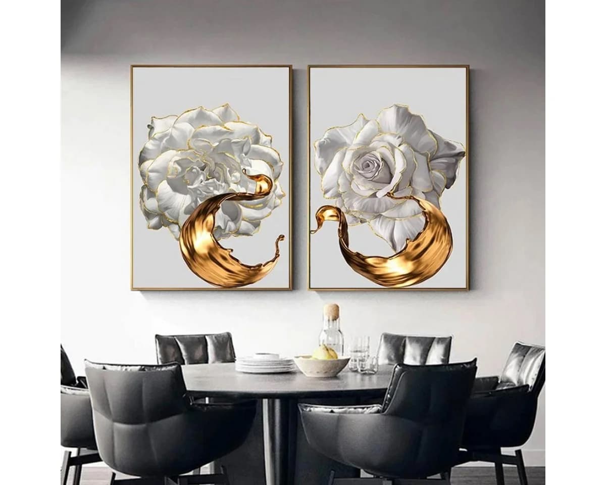TPFLiving Kunstdruck Leinwand 3er Set Weiße Rose Gold - Bild 3